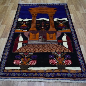 3x5 Vintage Pictorial Rug , Brown Black Blue Beautiful Floral Design Afghan Handmade Wool Rug , Baluch Tribal Area Rug , Entryway Rug Carpet