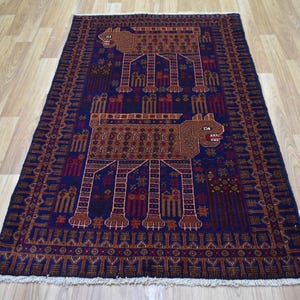 Animal Print Hand Knotted Rug - 3x5 Vintage Rug - Navy Boho Pictorial Rug - Afghan Handmade Wool Area Rug - Antique Contemporary rug Bedroom