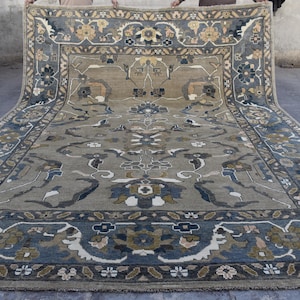 9x12 Large Inspired Tan Beige Blue Persian Style Oushak Rug Bright Ethnic Quality Afghan Handmade Wool rug, Dining Room Rug, Rugs for Living