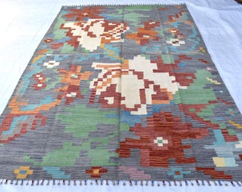 7x10 Handmade Art Design Green Red Afghan Kilim Rug: Vintage Ethnic Wool Carpet