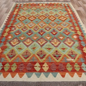 Afghanischer Kelim Teppich 100x150 Handgefertigt Rot Weiche Farben Flachgewebe Geometrische Natur Wollteppich, Schlafzimmer Teppich, Küchenteppich, Büroteppich