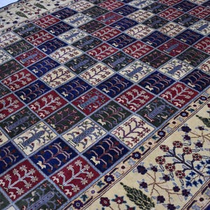 Tappeto geometrico in stile persiano fatto a mano 7x10, tappeto tribale Bukhara afghano morbido blu navy, tappeto annodato a mano, grande tappeto orientale, tavolo da pranzo