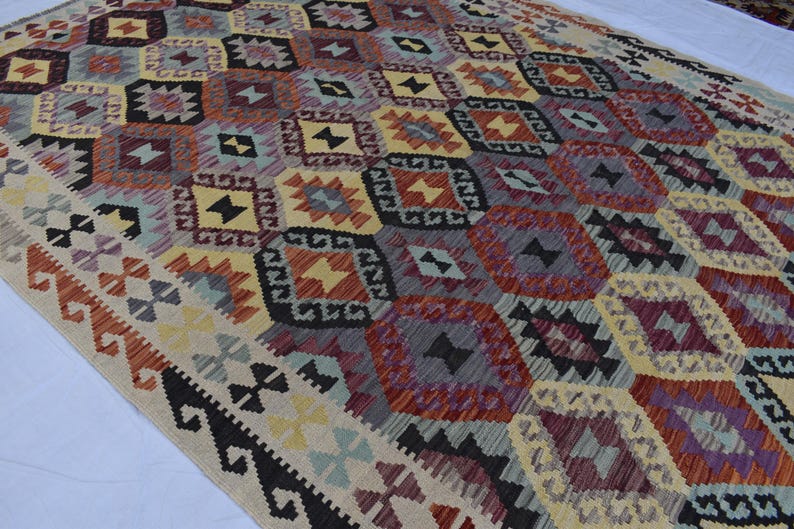 Handmade Afghan Kilim Rug 7x10 ft: Tribal Vintage Boho Geometric Wool Carpet image 5