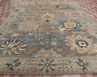 Handwoven Wool Oushak Rug, Soft Green Grey Tribal Oriental Carpet, 8x10 ft