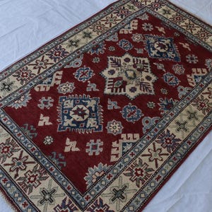 3x5 Red Tribal Bijar Kazak Rug, Handmade Afghan Geometric Hand Knotted Veg Dyed Wool Oriental Rug, Turkmen Area Carpet for Home Decor