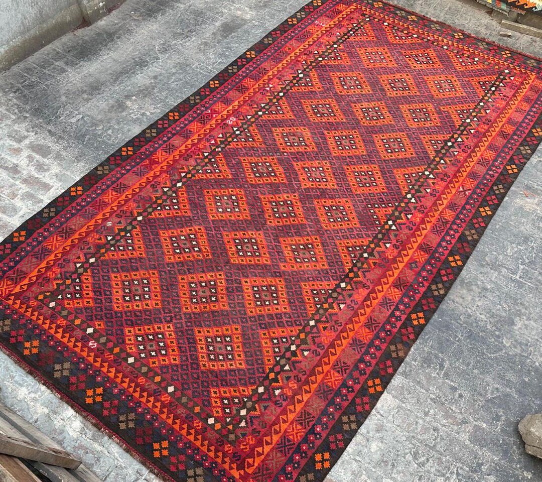 1960s Afghan Kilim Rug: 9x16 Ft Red Wool Geometric Flatweave - Etsy