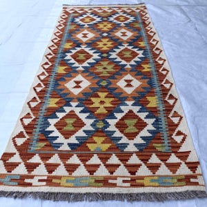 Vintage Afghan Kilim Runner Rug: Handwoven Wool, Boho Entryway Carpet (6 ft Navy Blue