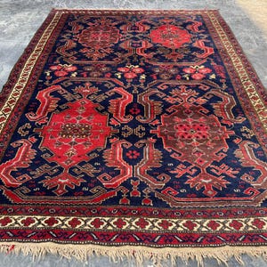 4x6 Lovely Navy Blue & Red Antique Persian-Style Rug – Vintage High-Pile Soft Afghan Handmade Wool Tribal Area Rug for Bedroom, Living Room