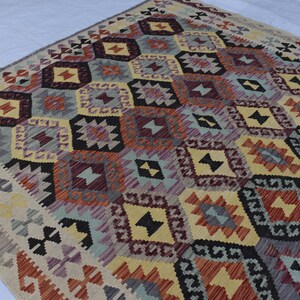 Handmade Afghan Kilim Rug 7x10 ft: Tribal Vintage Boho Geometric Wool Carpet image 4
