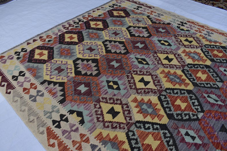 Handmade Afghan Kilim Rug 7x10 ft: Tribal Vintage Boho Geometric Wool Carpet image 4