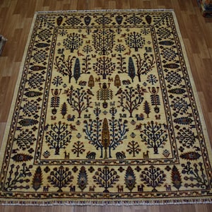 5x7 Soft Cream Animals Birds Tree of Life Rug, Oriental Area Rug, Geometric Design Hand Knotted Wool Afghan Rug, Tribal Rug, Rug for Bedroom