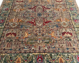 8x10 Soft Brown Green Afghan Rug Handmade Handspun Wool Geometric Oriental Area Carpet
