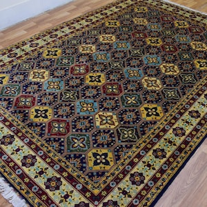 Tappeto afgano tribale Bukhara con motivo Kashi colorato, 7 x 10 piedi (200 x 300 cm), tappeto in lana annodato a mano, tappeto orientale turkmeno morbido, tappeto per soggiorno