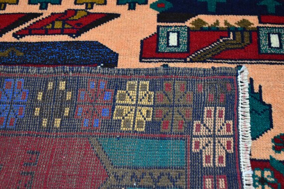 ヴィンテージ アフガン ピクトリアル ラグ 3x4：手織りウール、レッド