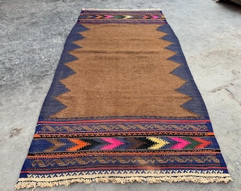 1950s Antique Afghan Kilim Runner Rug 2.7x5.1 ft - Handmade 100% Wool Terracotta Striped Rug - Vintage Brown Navy Pink - Kitchen Decor