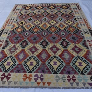 Handmade Afghan Kilim Rug 7x10 ft: Tribal Vintage Boho Geometric Wool Carpet image 2