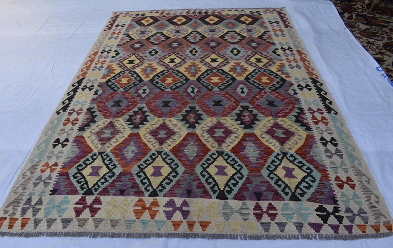 Handmade Afghan Kilim Rug 7x10 ft: Tribal Vintage Boho Geometric Wool Carpet image 2