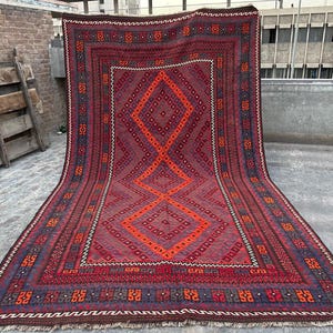 9x16 ft Large Antique Kilim Rug | Handmade Afghan Flatweave | Red Geometric Wool Area Rug | Boho Handwoven Living Room Carpet | Dining Table
