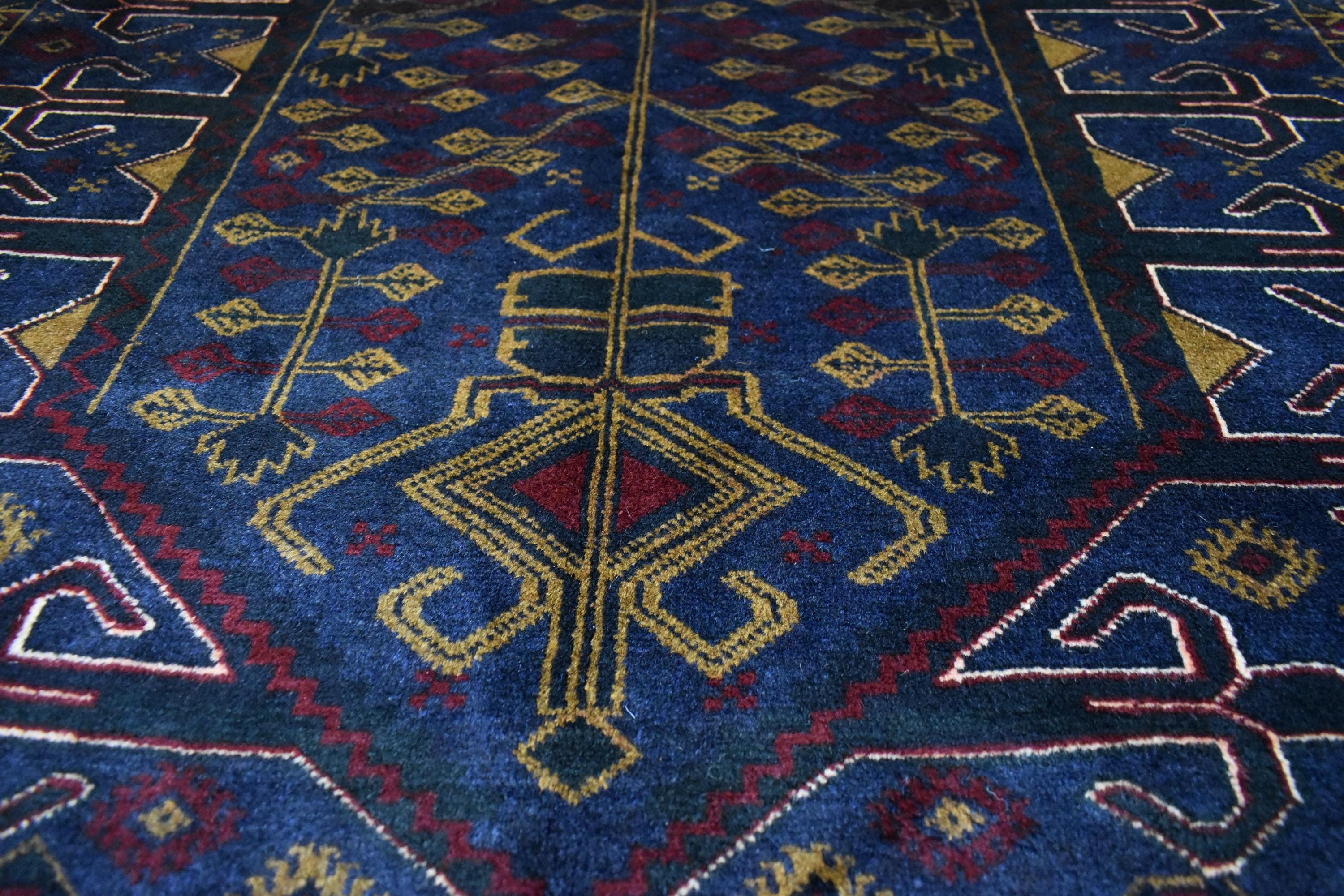 ヴィンテージ トルクメンウールラグ：4x7 ネイビーブルー 幾何学模様