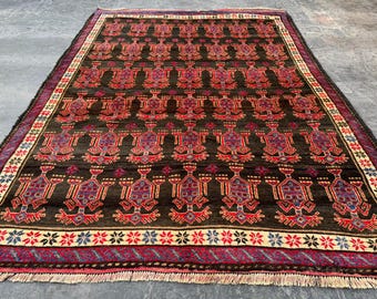 ハンドメイドのアフガニスタンウールラグ：5 x 7フィートの赤青