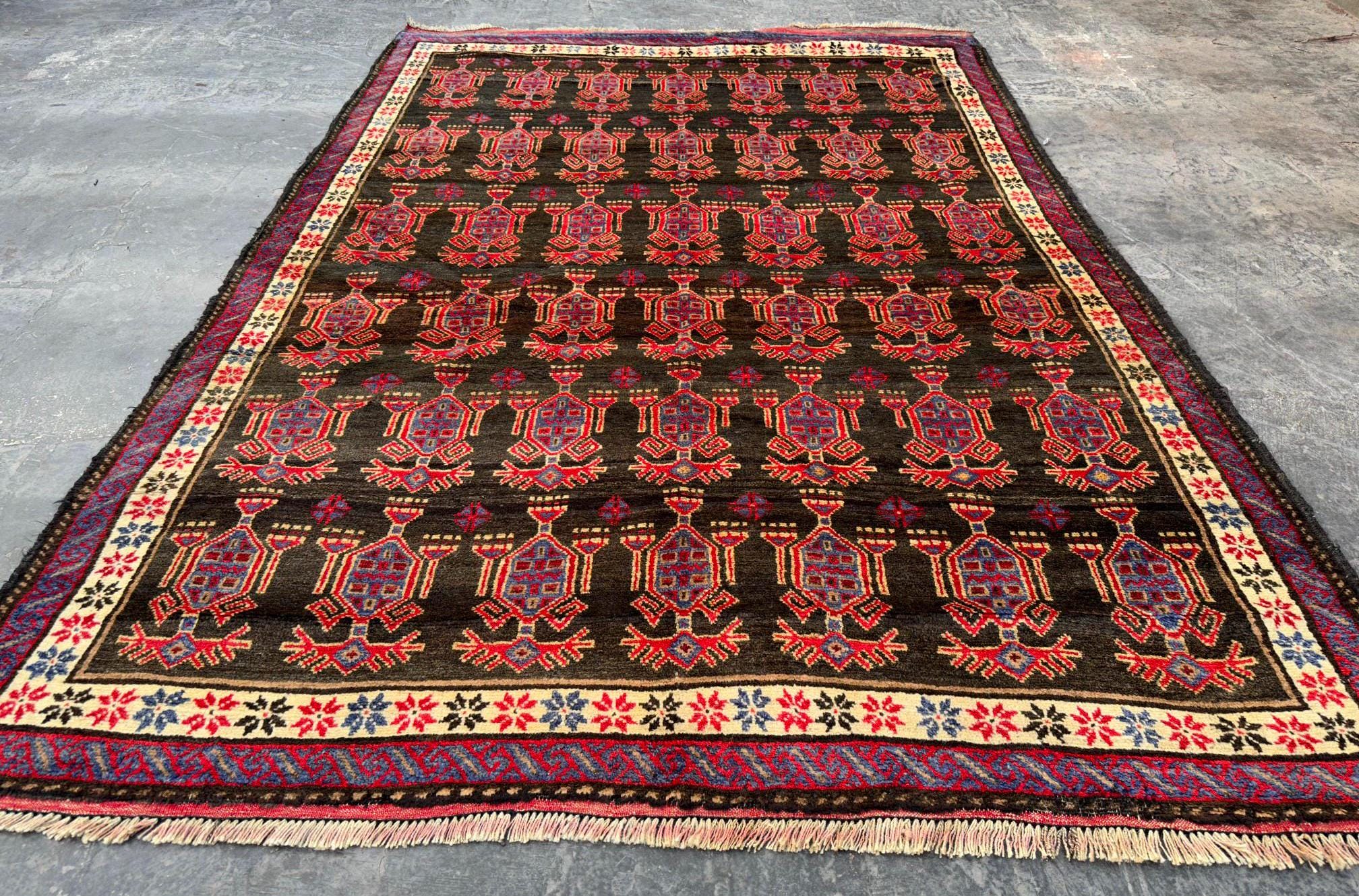 1940年代のヴィンテージアフガニスタンウールラグ：5 x 7フィートの