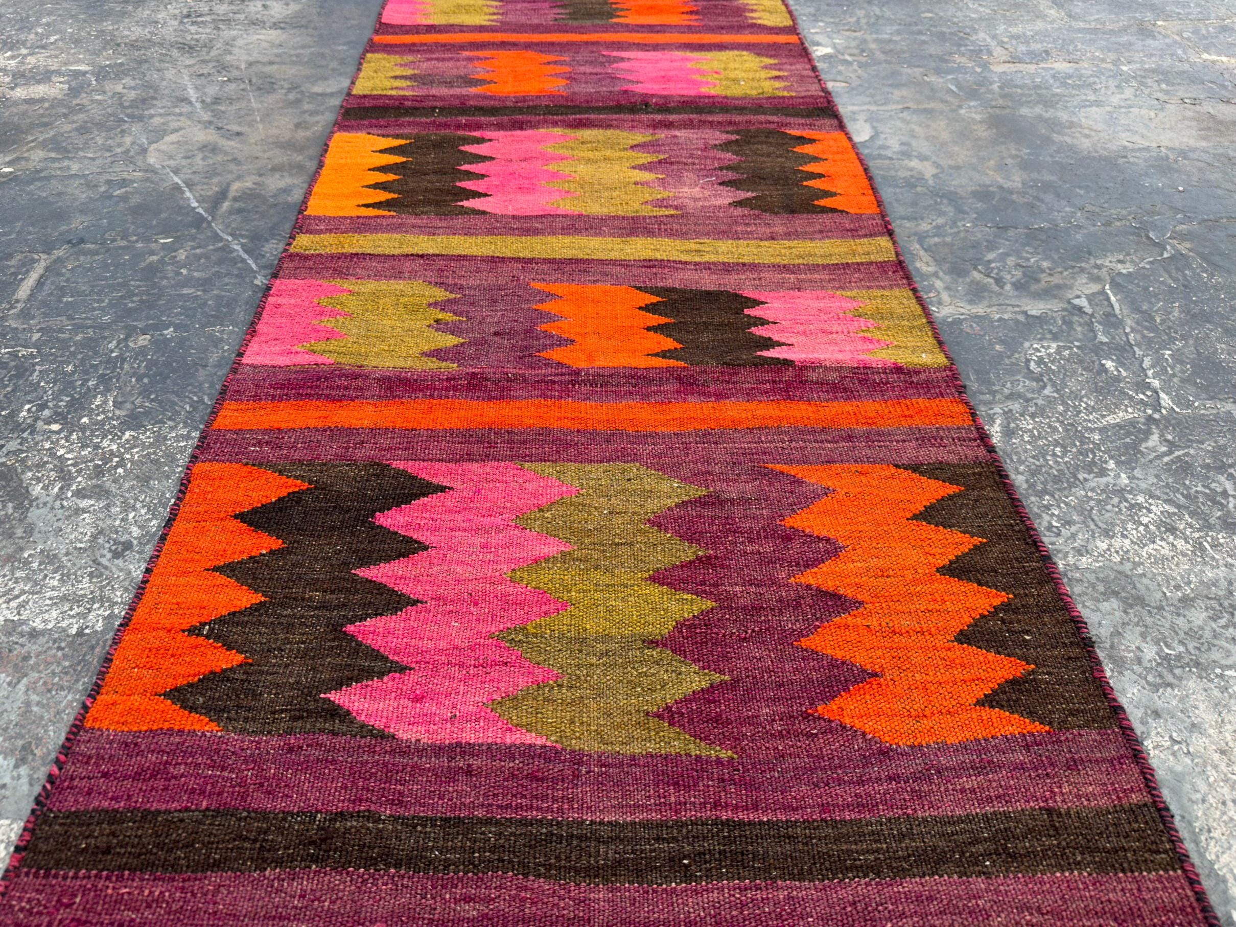 FREE SHIPPING – 2x12 Ft Vintage Afghan Nomadic Kilim Runner Rug, Pink Multicolor Wool, Natural Dyed Turkish Flatweave for Hallway & Entryway