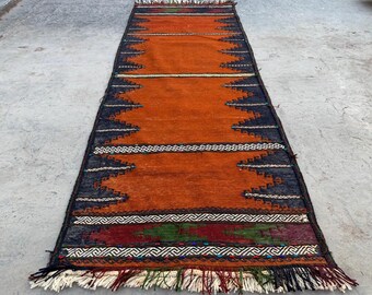 Orange 2x6 ft Afghan Runner Rug – Handmade Wool Flatweave, Tribal Turkmen Beige Gray Rug, Vintage Oriental Hallway Runner