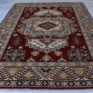 Roter 150x200 Kelim Teppich, Handgemachter Geometrischer Orientteppich aus Wolle / Wolle, Handgemachter Teppich für Wohnzimmer Schlafzimmer Büro Küche