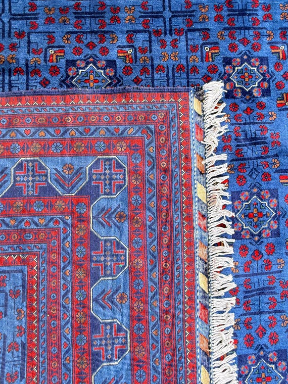 Handgeknüpfter afghanischer Buchara-Wollteppich (3 x 4 m) – Stammesblauer Teppich