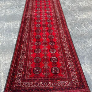 1970s Antique Runner Rug 10ft – 3x10 Handmade Wool Rug – Red Turkmen Tribal Rug – High Quality Waziri Hallway Rug – Kitchen Runner Carpet