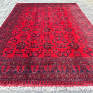 Handmade Afghan Bukhara Rug 7x10 8x11 10x13 – Custom Soft Red High-Pile Vintage Turkmen Wool Rug, Hand-Knotted Tribal Carpet, Runner