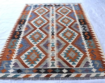 Antique Afghan Kilim Rug: 4x6 ft Handmade Wool Flatweave, Turkmen Tribal Design