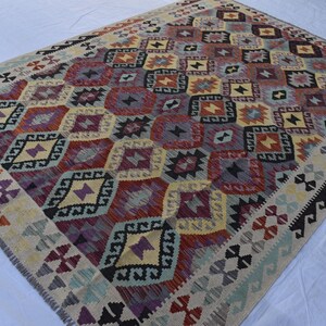 Handmade Afghan Kilim Rug 7x10 ft: Tribal Vintage Boho Geometric Wool Carpet image 3