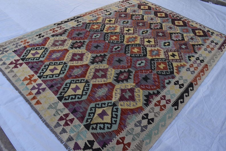 Handmade Afghan Kilim Rug 7x10 ft: Tribal Vintage Boho Geometric Wool Carpet image 3