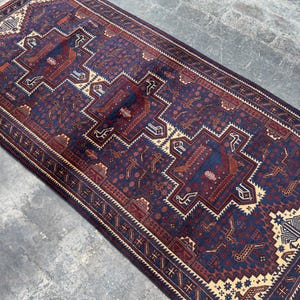 1960s Antique 4x8 ft Navy Blue Baluchi Rug – Handmade Vintage Afghan Wool, Soft Pile Geometric Caucasian Rug for Bedroom/Living Room