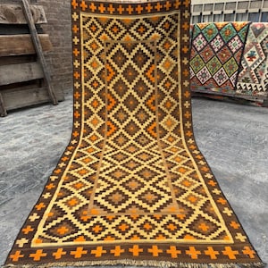 Handwoven Vintage Afghan Kilim Rug: Yellow Brown Wool Runner (4'4x10'3 ft)