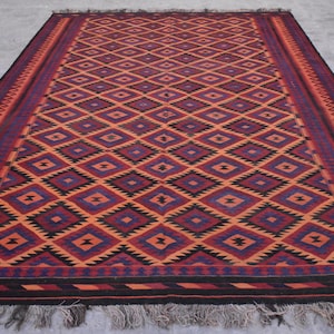 9x16 Afghan Large Kilim Rug – 280x480 cm Vintage Handmade Wool, 1960s Antique Faded Turkmen Flatweave Red Area Carpet for Home & Living Room