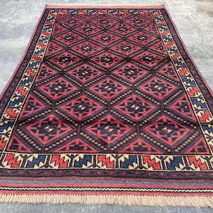4x6 ft Vintage Afghan Rug – 1960s Red & Black High-Pile Wool – Handmade Tribal Area Rug, Oriental Antique Carpet, Bedroom Home Décor