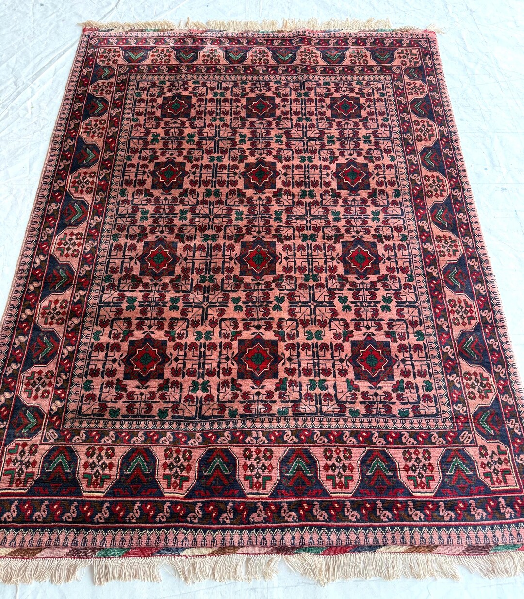 5x7 Soft Pink Afghan Bukhara Rug Handmade Wool Oriental Turkmen