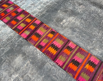 FREE SHIPPING – 2x12 Ft Vintage Handmade Afghan Tribal Kilim Runner, Pink Multicolor Wool, Naturally Dyed Flatweave Rug for Hallway Entryway