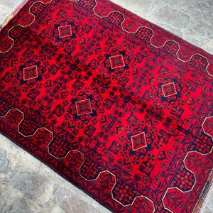 Afghan Bukhara Rug 5x7 6x8 7x10 8x11, Turkmen Hand-Knotted High Pile Vintage Carpet, Tribal Red Area Rug, Afghan Rug, Excellent Condition