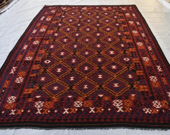 7'6x15'0 ft ヴィンテージキリムラグ、バーガンディオレンジアフガン
