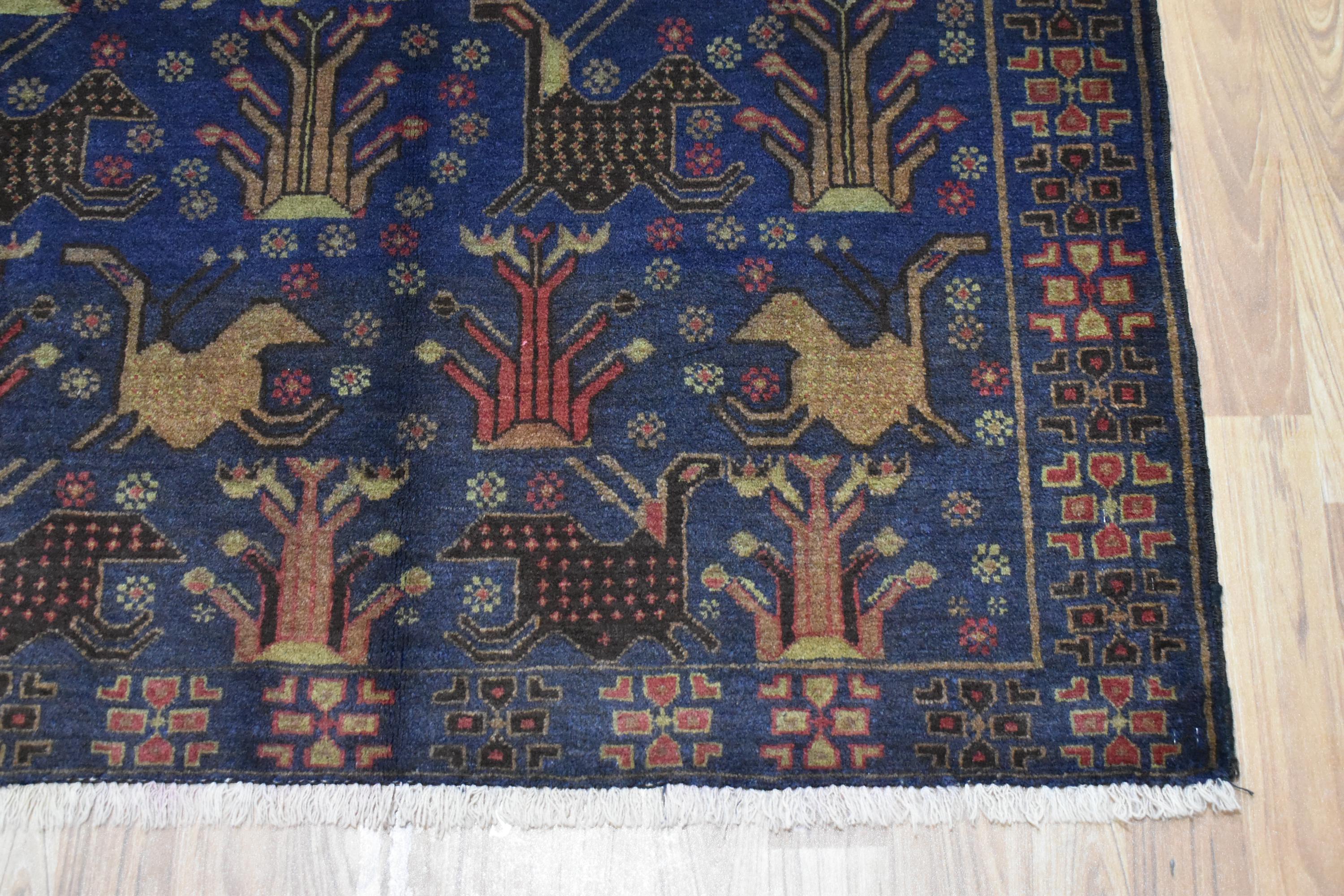 4x6 アフガンラグ：ヴィンテージ ネイビーブルー アニマル