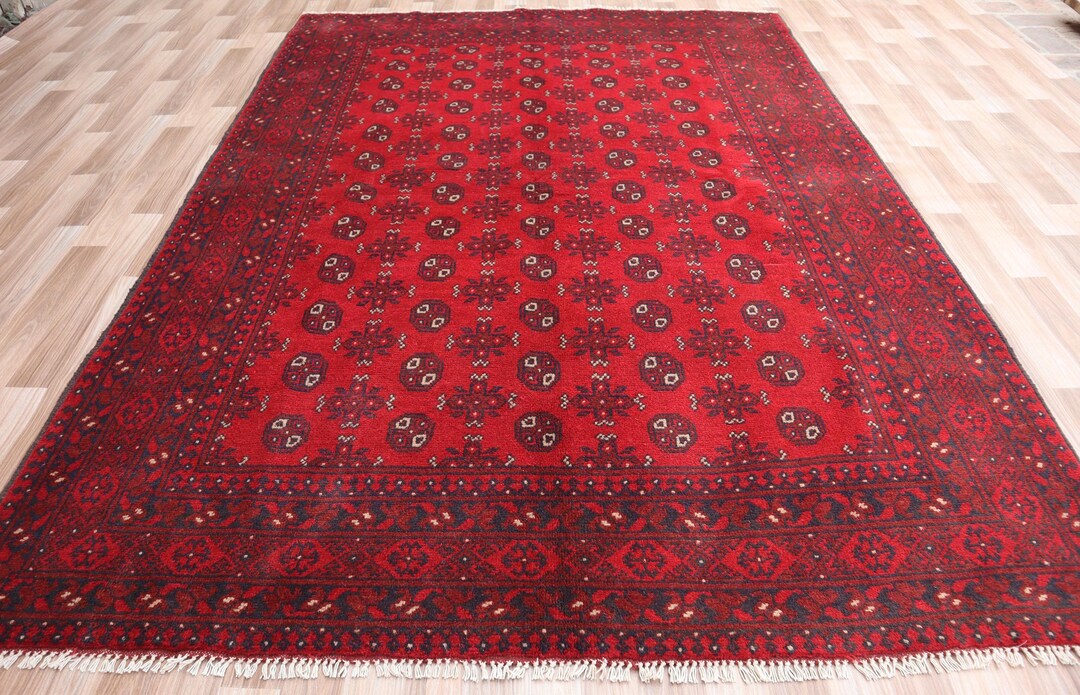 Hand Knotted Red Afghan Bokhara Rug: 6x8 Wool Turkmen Rug - Etsy