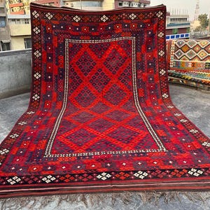10x16 Ft Oversized Kilim Rug | Red Orange Navy Vintage Afghan Wool Flatweave | Handmade Large Oriental Living Room & Dining Carpet