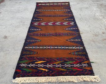 2x5 ft Kilim Runner Rug – Brown Multicolor Vintage Afghan Rug – Handmade Wool Narrow Flatweave Tribal Rug – Hallway Kitchen Carpet