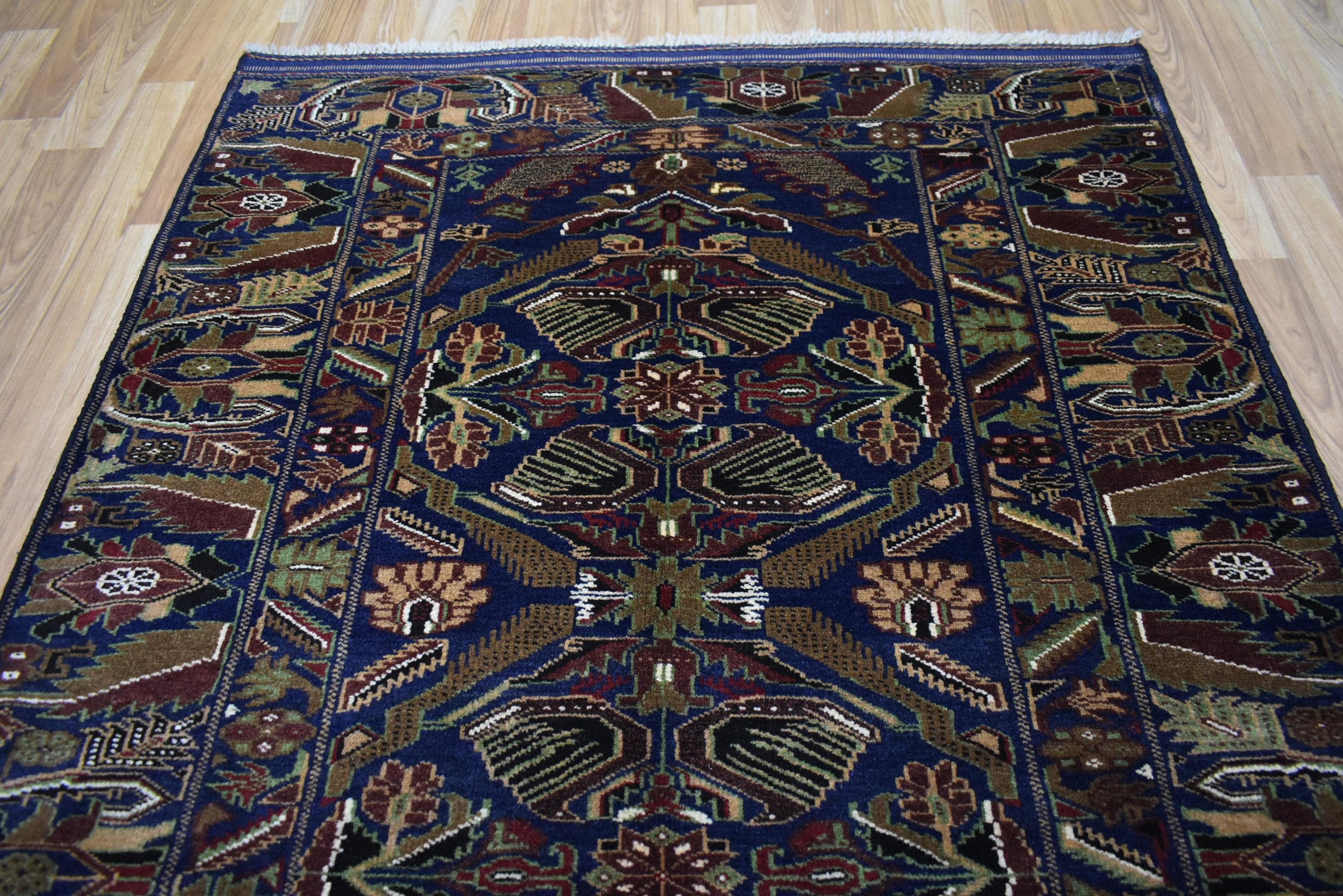 Buy 4x7 Vintage Afghan Rug: Navy Blue Geometric Wool Baluch Rug