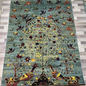 5x7 Tree of Life Rug – Blue Overdyed Low Pile Afghan Wool Carpet with Pomegranate Tree, Animals & Birds – Handmade Tribal Gabbeh Area Rug
