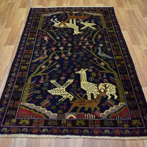 Vintage Afghan Wool Rug (3.1 x 4.10 ft): Hand-Knotted Tribal Baluch with Animals