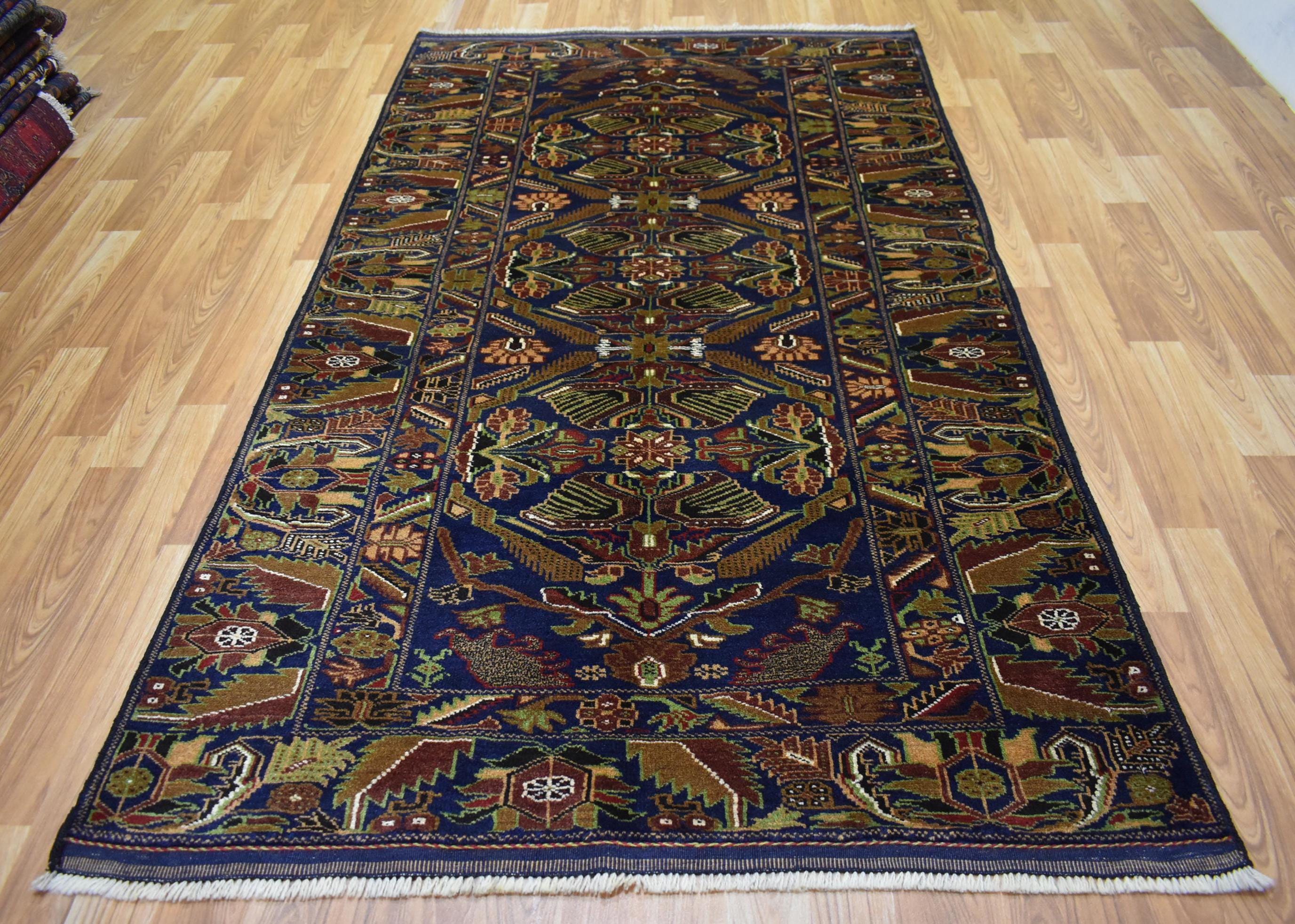 Buy 4x7 Vintage Afghan Rug: Navy Blue Geometric Wool Baluch Rug